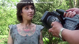 Tattooed Milf With Small Tits Gets Spitroasted Outdoors